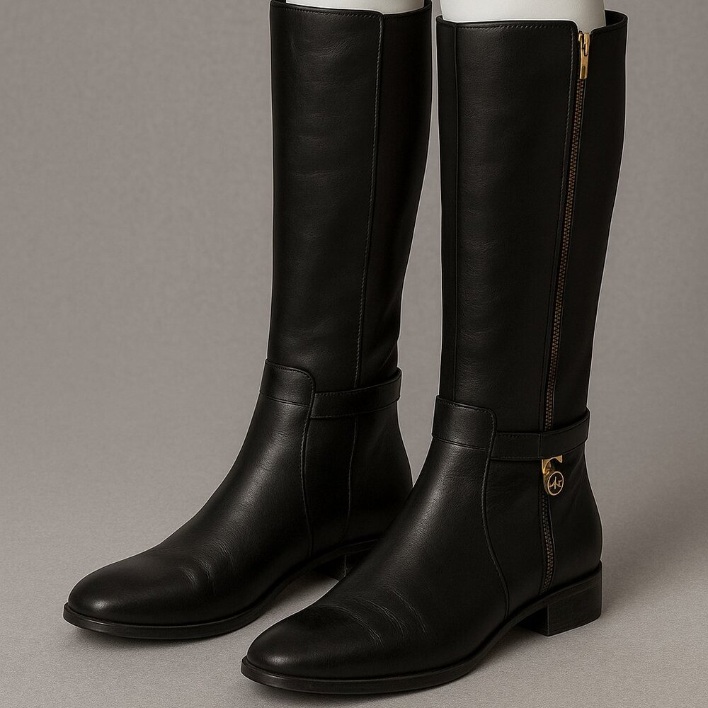 Michael Kors Black Leather Knee-High Riding Boots with Gold Trim